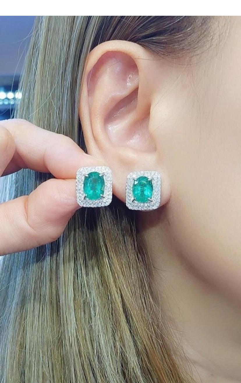 AIG Certified 5.80 Carats Zambian Emeralds  1.13 Ct Diamonds 18K Gold Earrings  For Sale 1