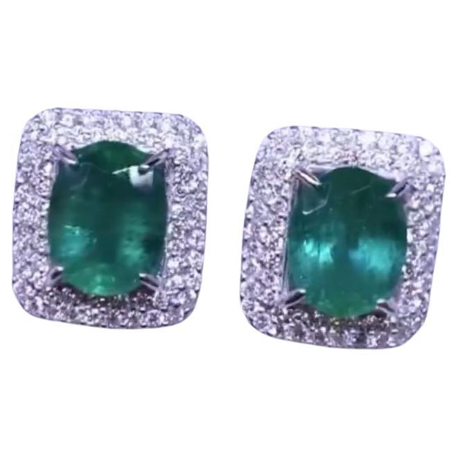 AIG Certified 5.80 Carats Zambian Emeralds  1.13 Ct Diamonds 18K Gold Earrings 