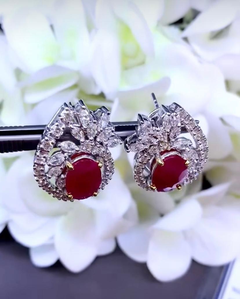 Oval Cut AIG Certified 5.80 Ct Burma Rubies  3.60 Ct Diamonds 18k Gold Earrings For Sale