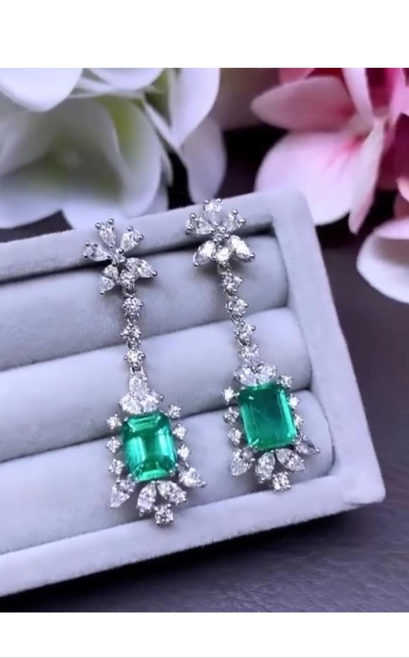 Emerald Cut AIG Certified 5.89 Carats Zambian Emeralds  3.44 Ct Diamonds 18K Gold Earrings  For Sale