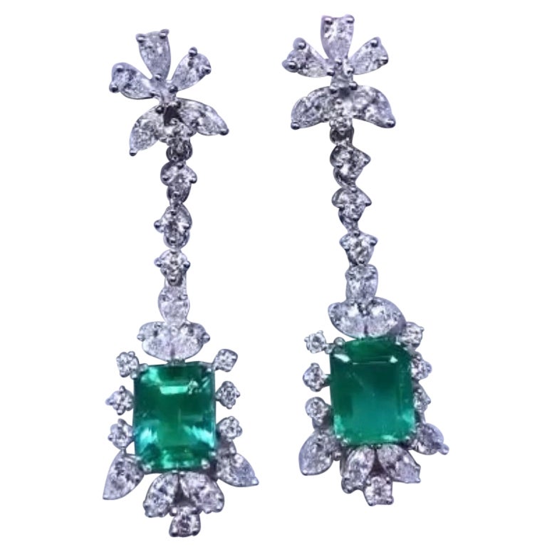 AIG Certified 5.89 Carats Zambian Emeralds  3.44 Ct Diamonds 18K Gold Earrings  For Sale