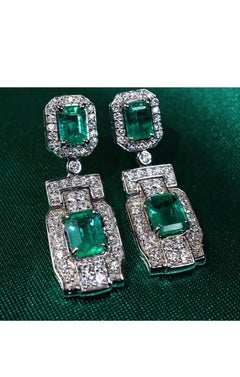 Certified 5.90 Ct Zambian Emeralds 1.90 Ct Diamonds 18K Gold Earrings