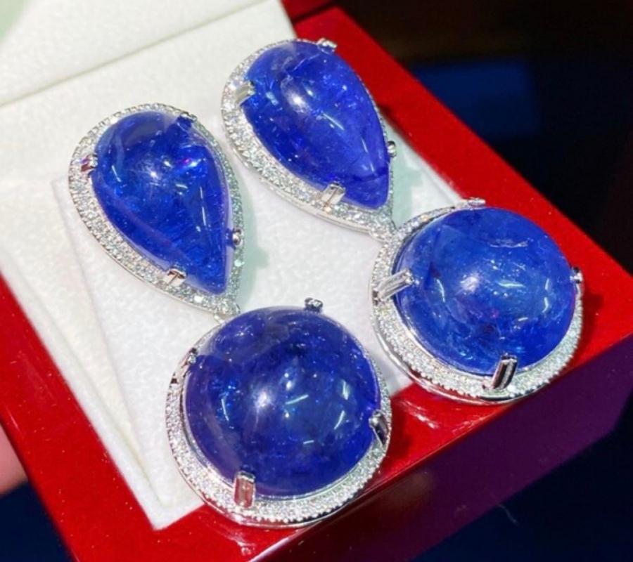 Oval Cut AIG Certified 59.00 Carats Tanzanites 18K Gold Earrings  For Sale