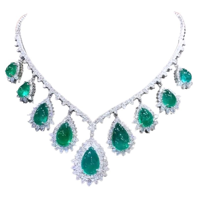 AIG Certified 59.00 Carats Zambian Emeralds  14.00 Ct Diamonds 18K Gold Necklace For Sale