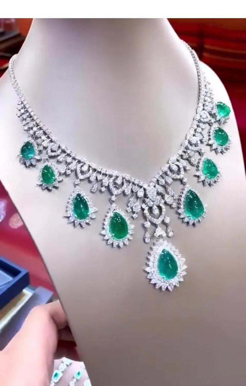 Cabochon AIG Certified 59.00 Carats Zambian Emeralds  22.00 Ct Diamonds 18K Gold Necklace For Sale