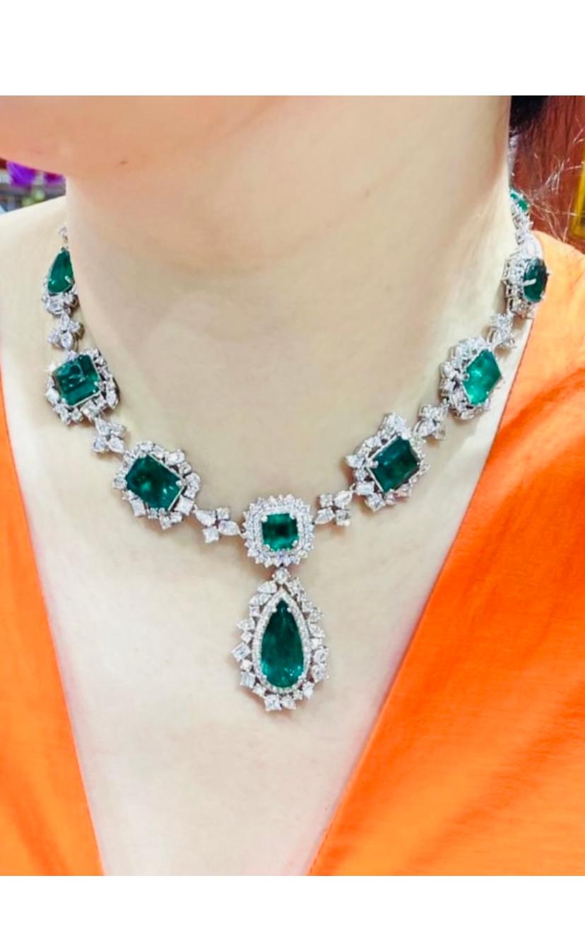 Octagon Cut AIG Certified 59.97 Carats Zambian Emeralds 24.98 Ct  Diamonds 18K Gold Necklace For Sale