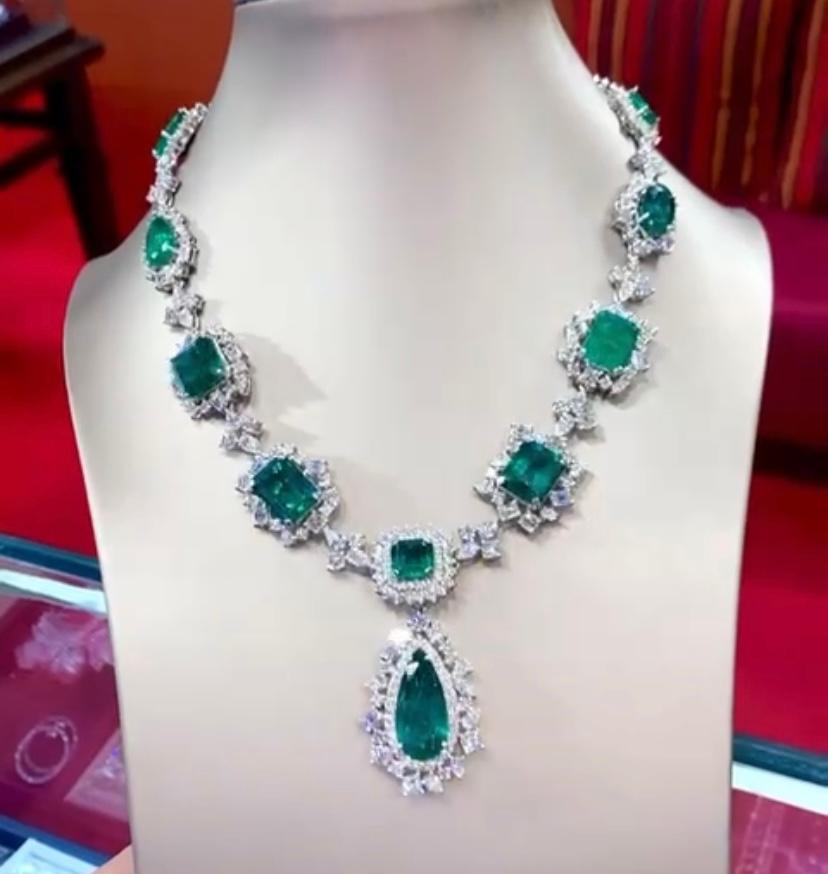 Women's AIG Certified 59.97 Carats Zambian Emeralds 24.98 Ct  Diamonds 18K Gold Necklace For Sale