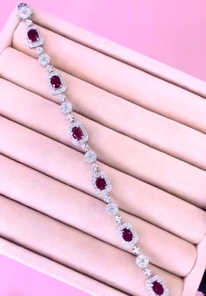 Oval Cut AIG Certified 6.00 Carat Siam Rubies 3.00 Ct Diamonds 18K Gold Bracelet For Sale