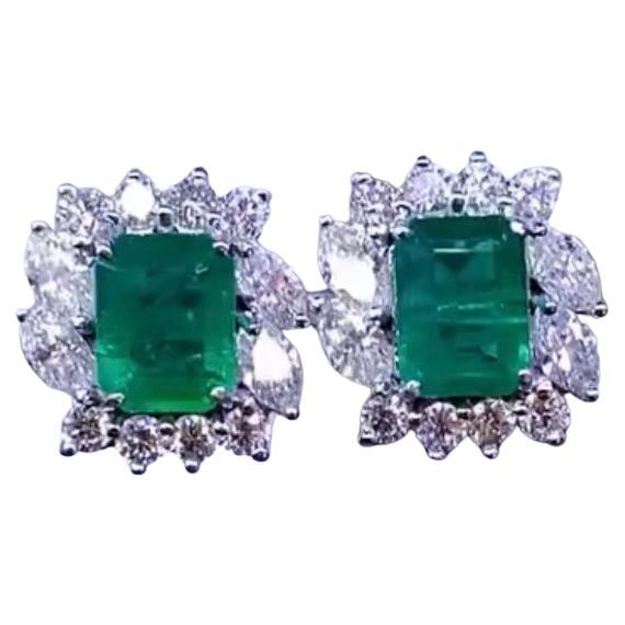 AIG Certified 6.00 Carat Zambian Emeralds  3.40 Ct Diamonds 18K Gold Earrings