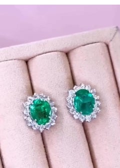 AIG Certified 6.00 Carats Zambian Emeralds 1.50 Ct Diamonds 18K Gold Earrings