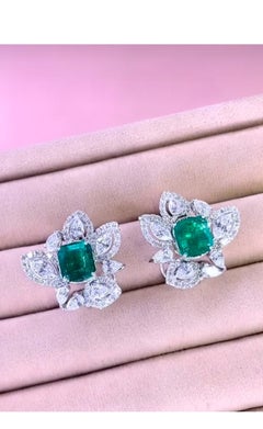 AIG Certified 6.00 Carats Zambian Emeralds 3.68 Cts Diamonds 18K Gold Earrings