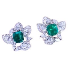 AIG Certified 6.00 Carats Zambian Emeralds 3.68 Cts Diamonds 18K Gold Earrings
