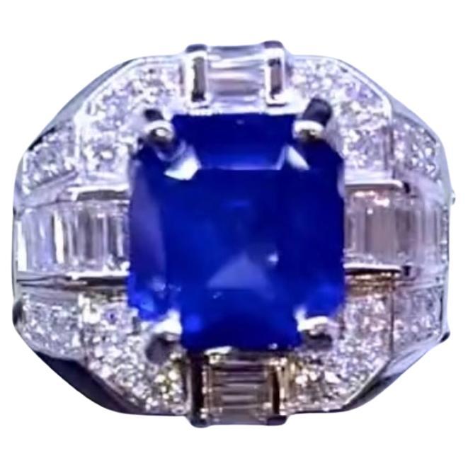AIG Certified 6.00 Ct Natural Ceylon Sapphire. Diamonds 18k Gold Ring