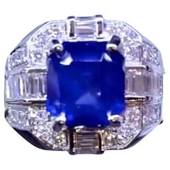 AIG Certified 6.00 Ct Natural Ceylon Sapphire. Diamonds 18k Gold Ring