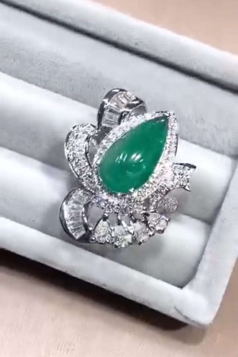Sugarloaf Cabochon AIG Certified 6.00 Ct Zambian Emerald 2.10 Diamonds 18K Gold Cocktail Ring For Sale