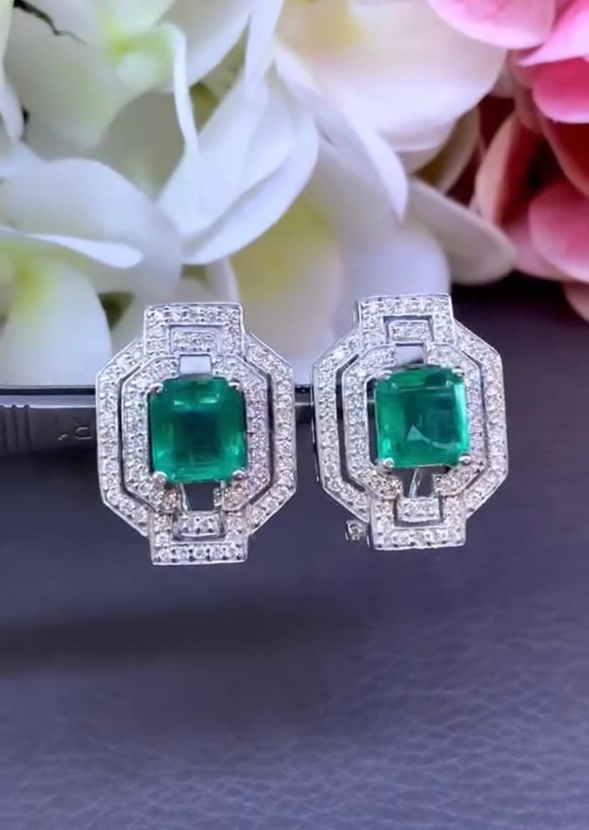 AIG Certified 6.00 Ct Zambian Emeralds  1.20 Ct Diamonds 18K Gold Earrings For Sale 1