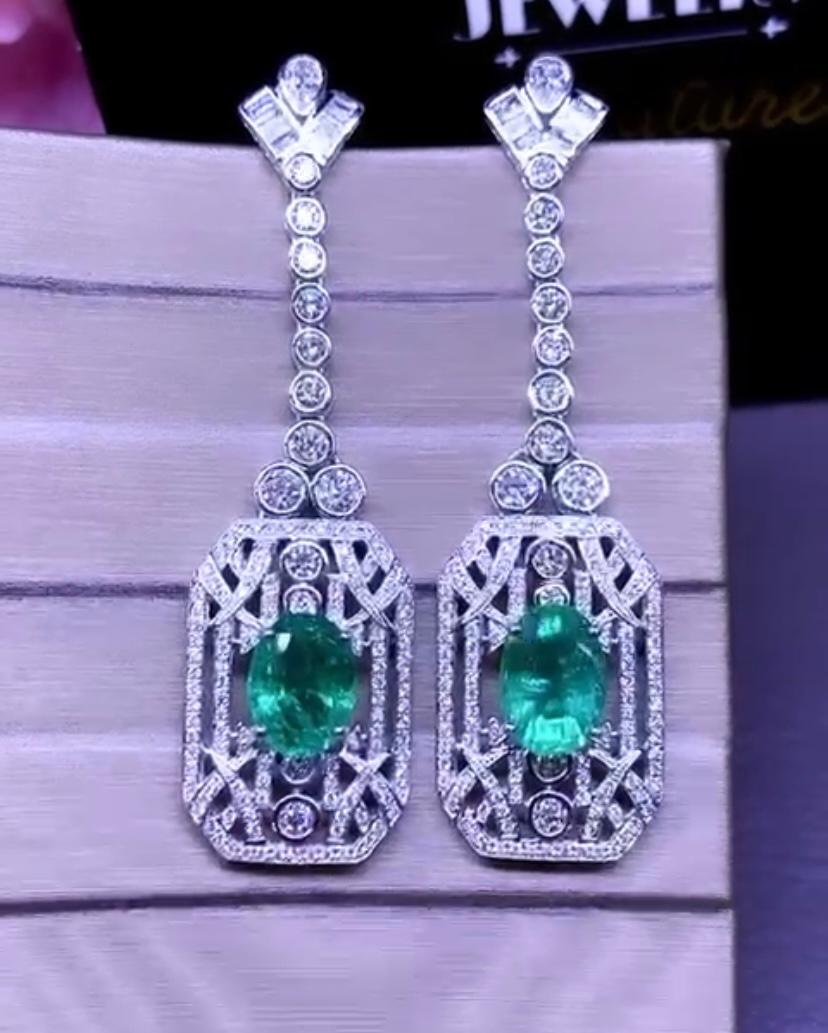 Oval Cut AIG Certified 6.17 Ct Zambian Emeralds Diamonds 3.23 Ct 18k Gold Earrings  For Sale
