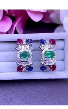 AIG Certified 6.20 Ct Rubies Emerald Sapphires 1.50 Ct Diamonds 18K Gold Earring