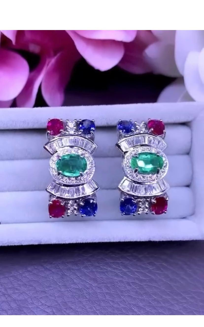 Oval Cut AIG Certified 6.20 Ct Rubies Emerald Sapphires 1.50 Ct Diamonds 18K Gold Earring For Sale