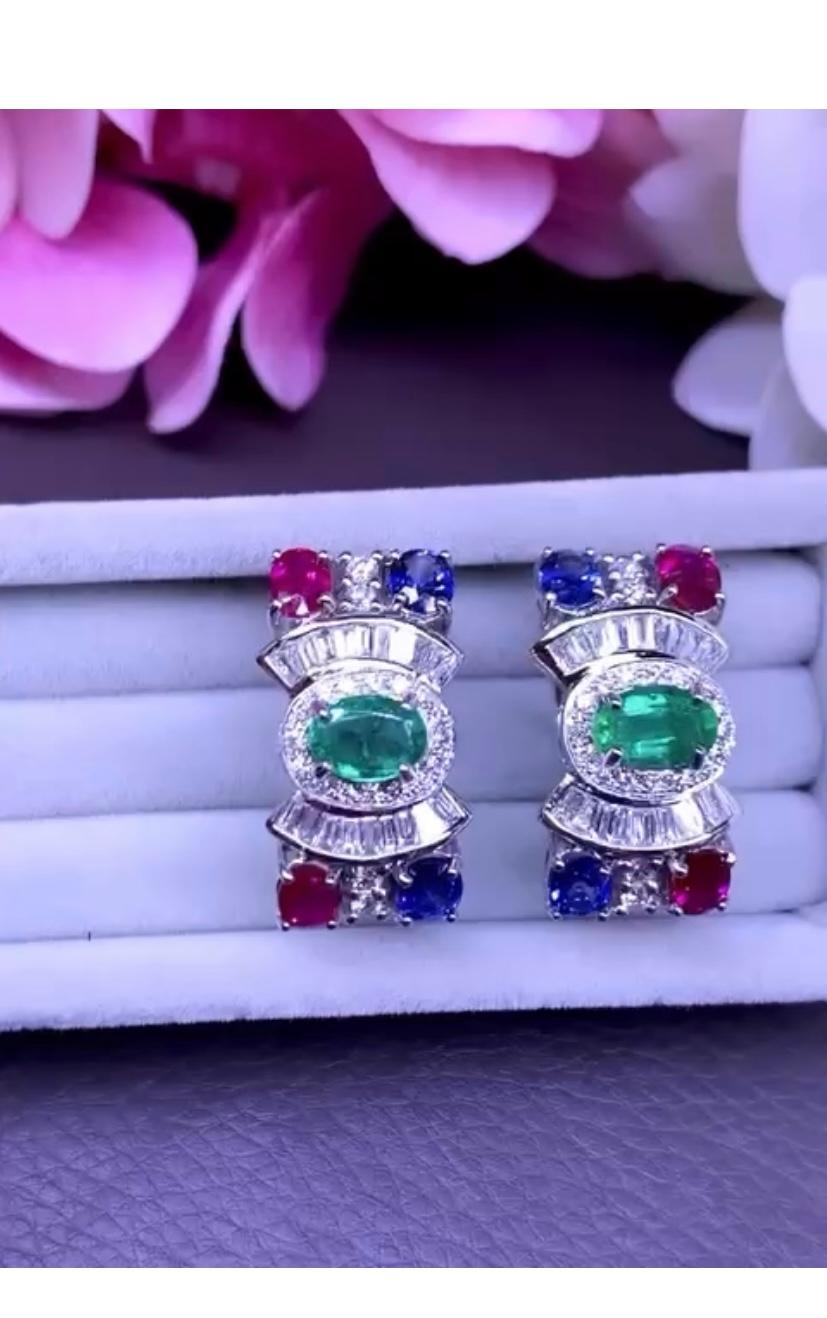 Women's AIG Certified 6.20 Ct Rubies Emerald Sapphires 1.50 Ct Diamonds 18K Gold Earring For Sale