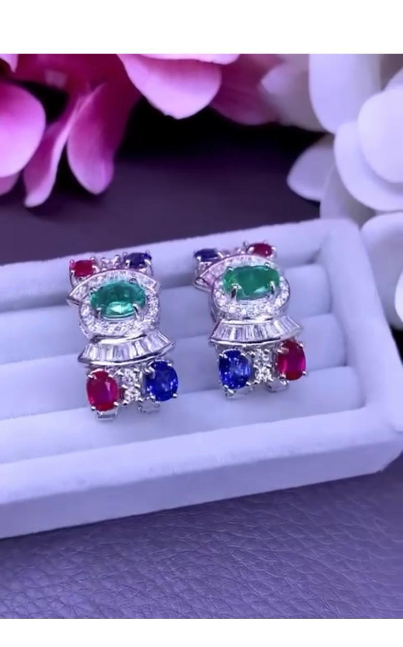 AIG Certified 6.20 Ct Rubies Emerald Sapphires 1.50 Ct Diamonds 18K Gold Earring For Sale 1