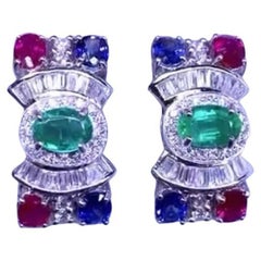 AIG Certified 6.20 Ct Rubies Emerald Sapphires 1.50 Ct Diamonds 18K Gold Earring