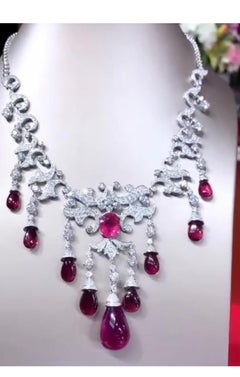 AIG Certified 62.00 Ct Rubellite Tourmaline  14.00 Ct Diamonds 18k Gold Necklace