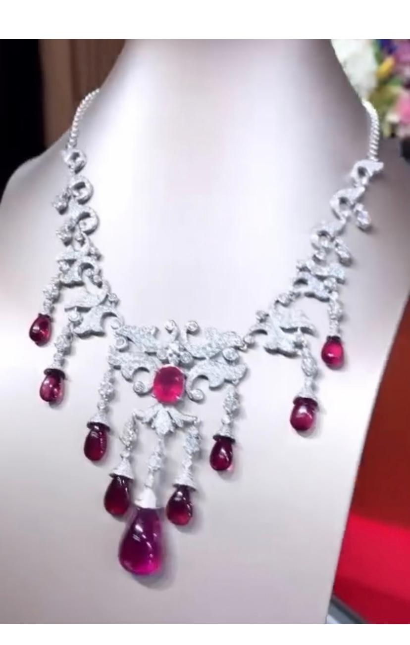 Mixed Cut AIG Certified 62.00 Ct Rubellite Tourmaline  14.00 Ct Diamonds 18k Gold Necklace For Sale