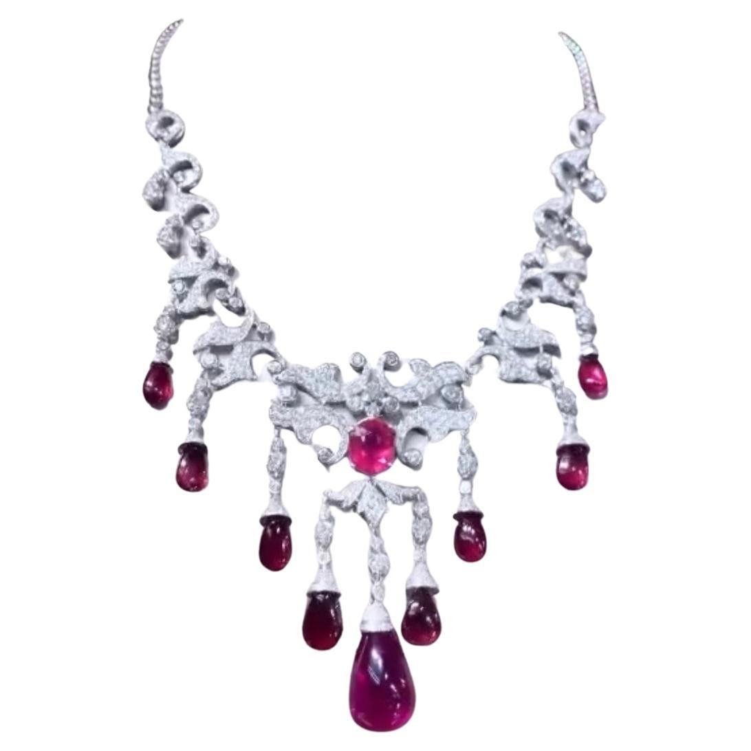 AIG Certified 62.00 Ct Rubellite Tourmaline  14.00 Ct Diamonds 18k Gold Necklace For Sale