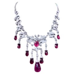 AIG Certified 62.00 Ct Rubellite Tourmaline  14.00 Ct Diamonds 18k Gold Necklace