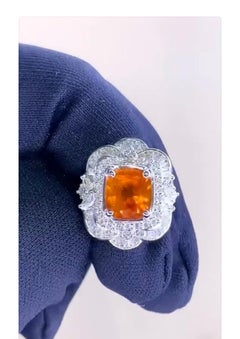 AIG Certified 6.30 Ct Orange Sapphire  Diamonds  18K Gold Ring