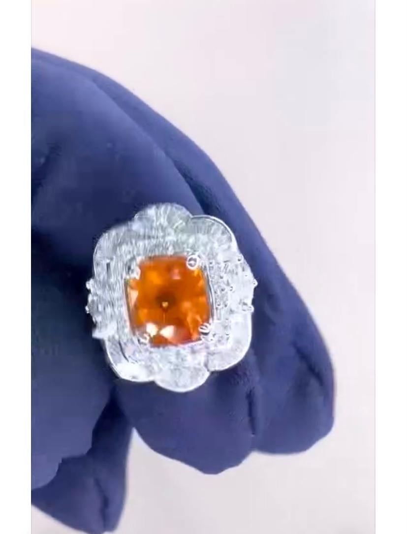 Mixed Cut AIG Certified 6.30 Ct Orange Sapphire  Diamonds  18K Gold Ring For Sale