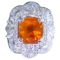 AIG Certified 6.30 Ct Orange Sapphire  Diamonds  18K Gold Ring
