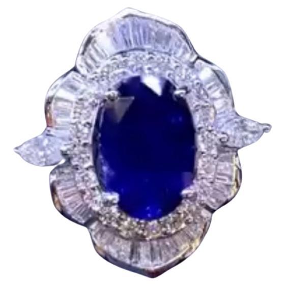 AIG Certified 6.30 Ct Royal Blue Ceylon Sapphire 1.90 Ct Diamonds 18K Gold Ring