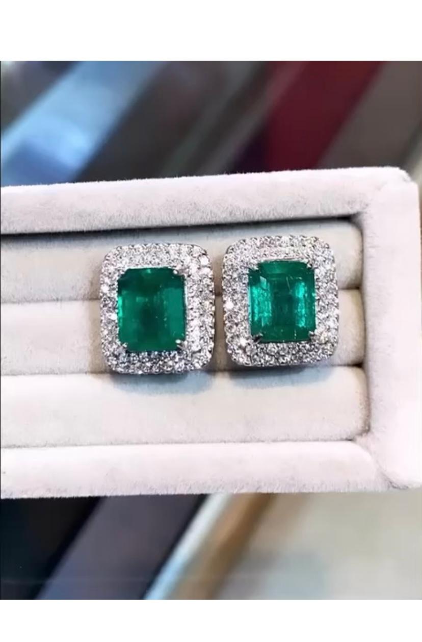 Emerald Cut AIG Certified 6.37 Carats Zambian Emeralds  1.13 Ct Diamonds 18K Gold Earrings  For Sale