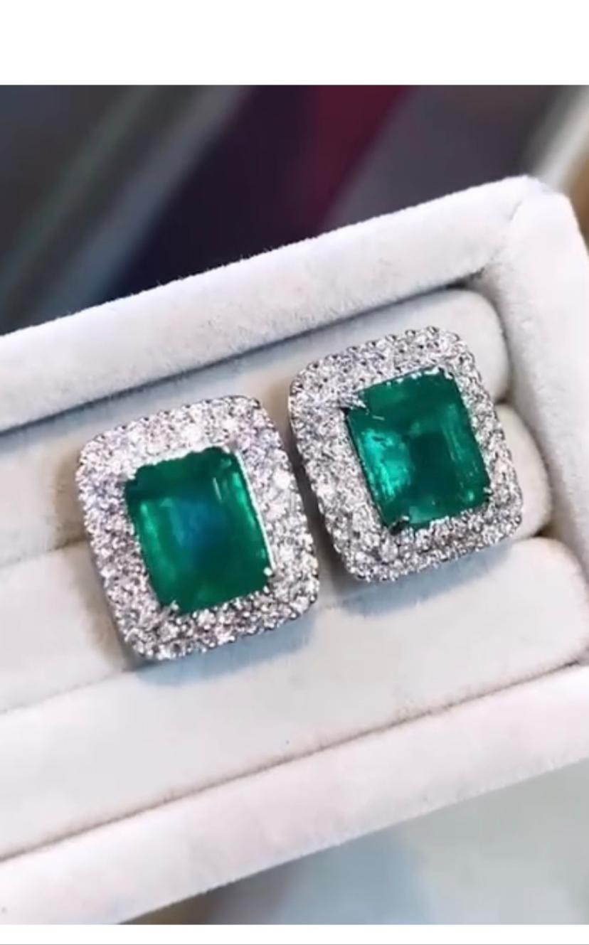 Women's AIG Certified 6.37 Carats Zambian Emeralds  1.13 Ct Diamonds 18K Gold Earrings  For Sale