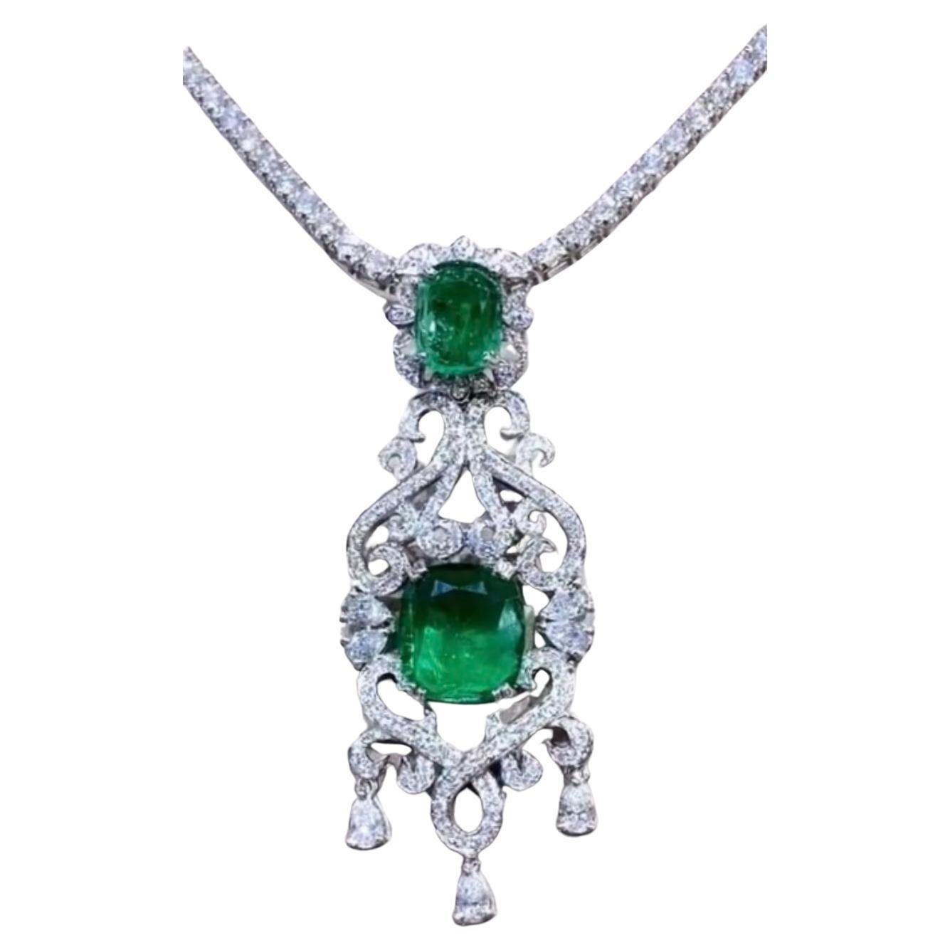 AIG Certified 6.40 Ct Zambian Emeralds 2.50 Ct Diamonds 18k Gold Pendant 