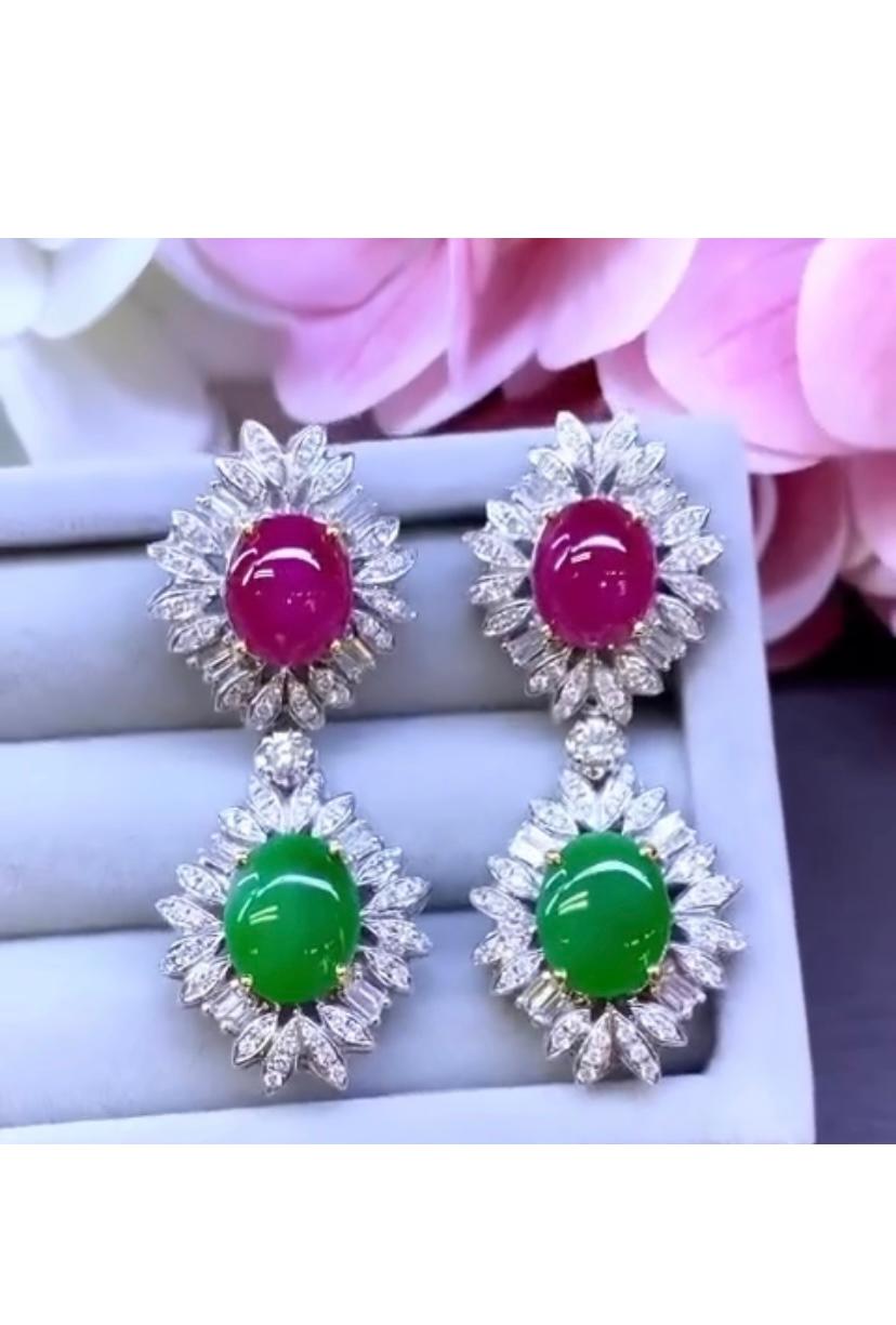 Mixed Cut AIG Certified 6.50 Ct Burma Ruby  3.90 Ct Jades   Diamonds  18K Gold Earrings  For Sale