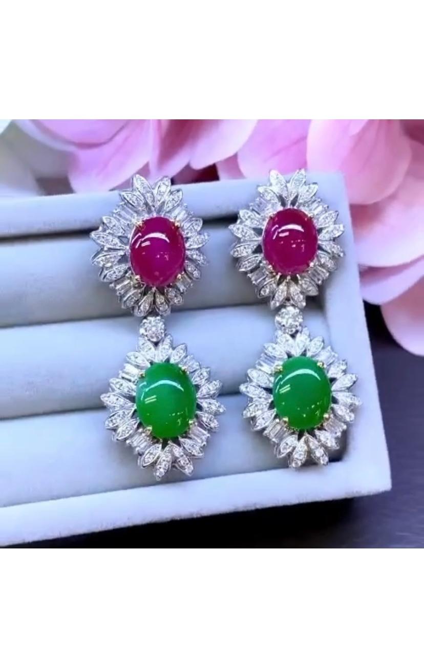 AIG Certified 6.50 Ct Burma Ruby  3.90 Ct Jades   Diamonds  18K Gold Earrings  In New Condition For Sale In Massafra, IT