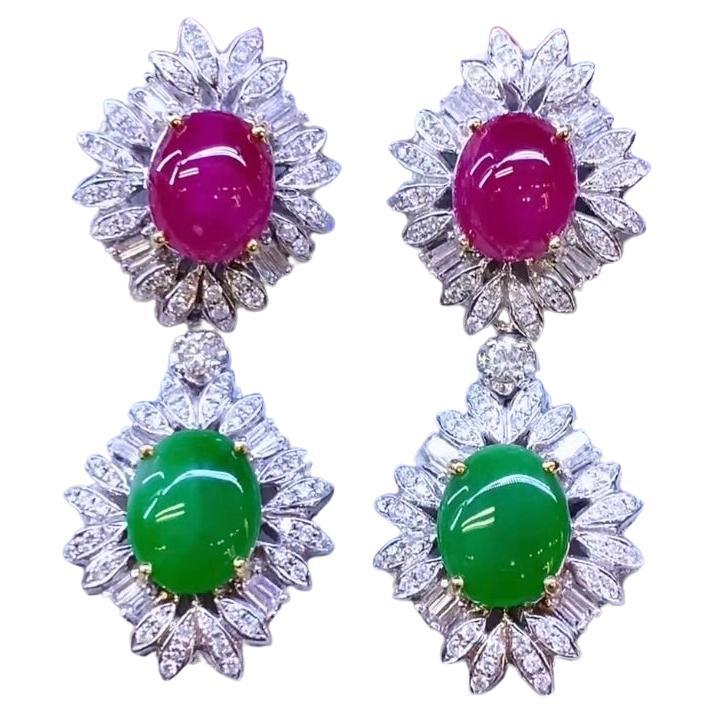 AIG Certified 6.50 Ct Burma Ruby  3.90 Ct Jades   Diamonds  18K Gold Earrings 