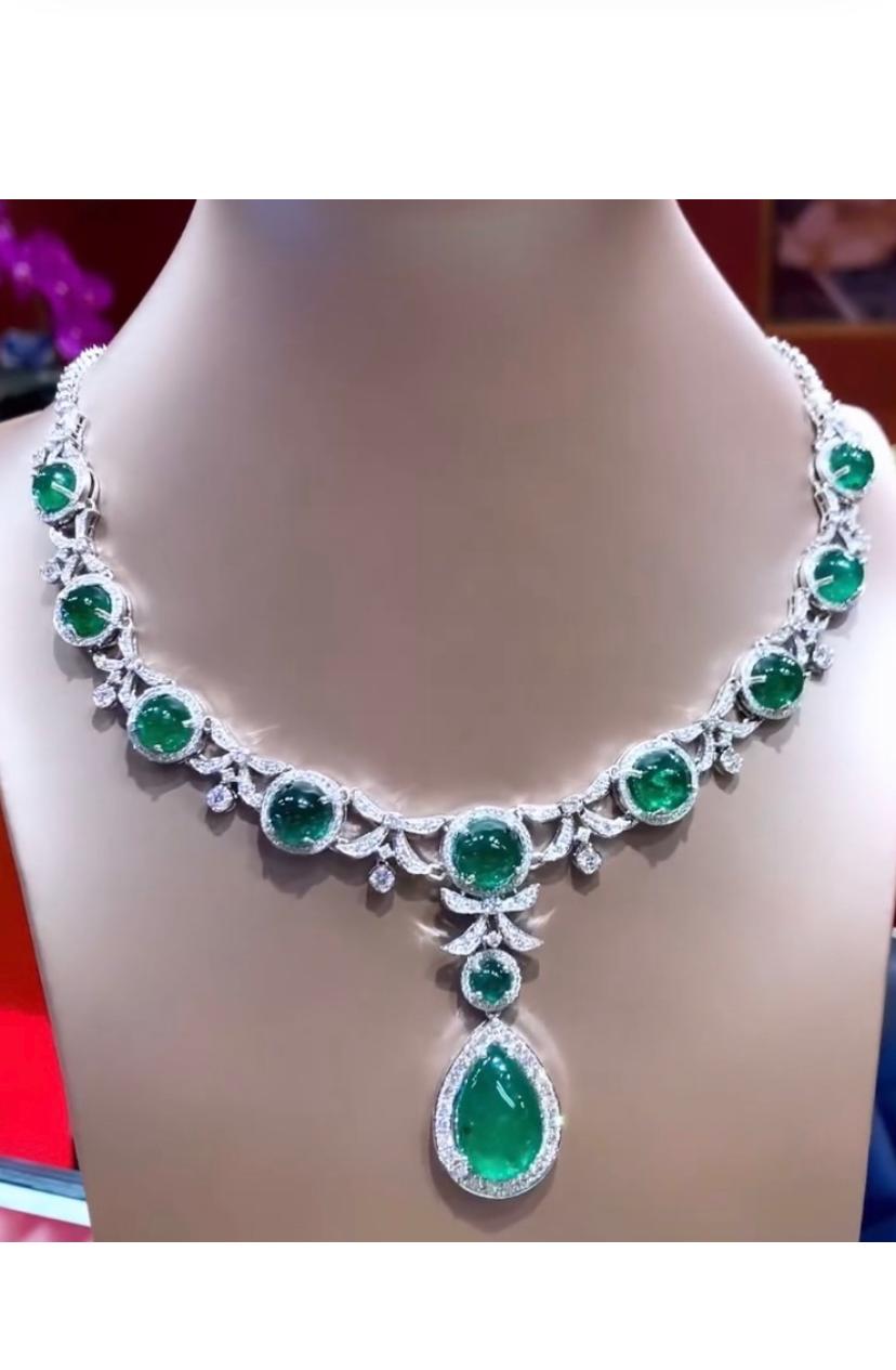 Oval Cut AIG Certified 65.00 Carats Zambian Emeralds 9.00 Ct  Diamonds 18K Gold Necklace For Sale