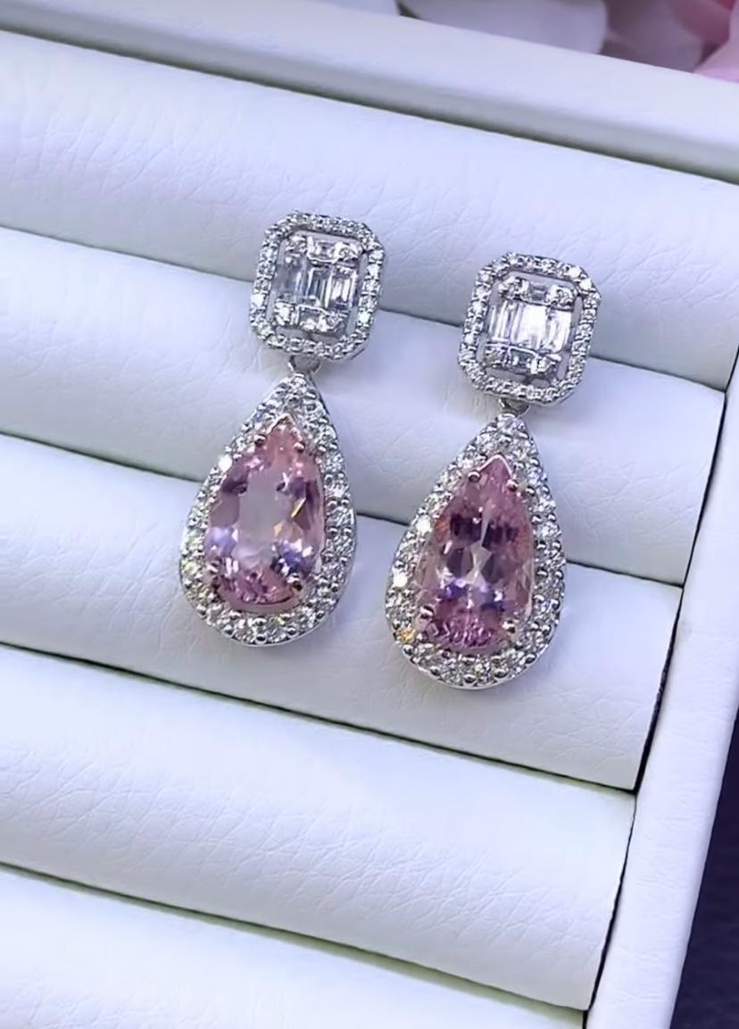 Pear Cut AIG Certified 6.55 Carat Pink Morganite Diamonds 18K Gold Earrings For Sale