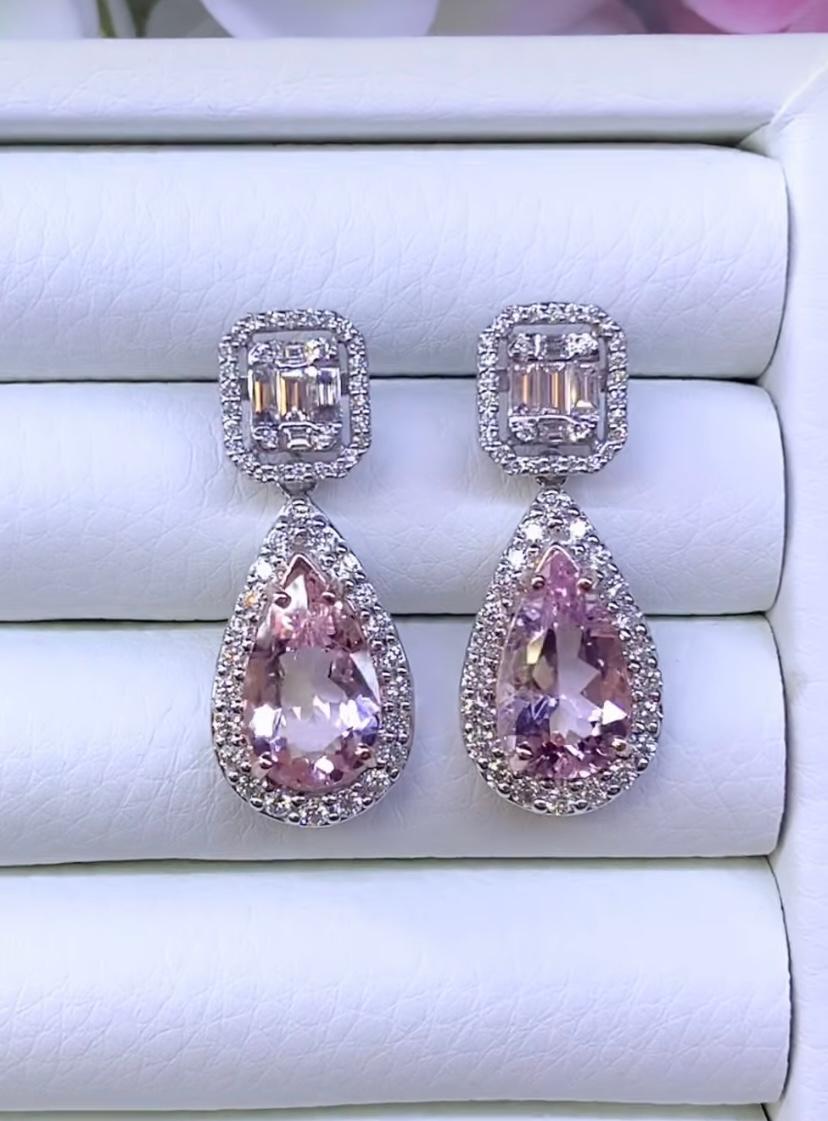 Women's or Men's AIG Certified 6.55 Carat Pink Morganite Diamonds 18K Gold Earrings For Sale
