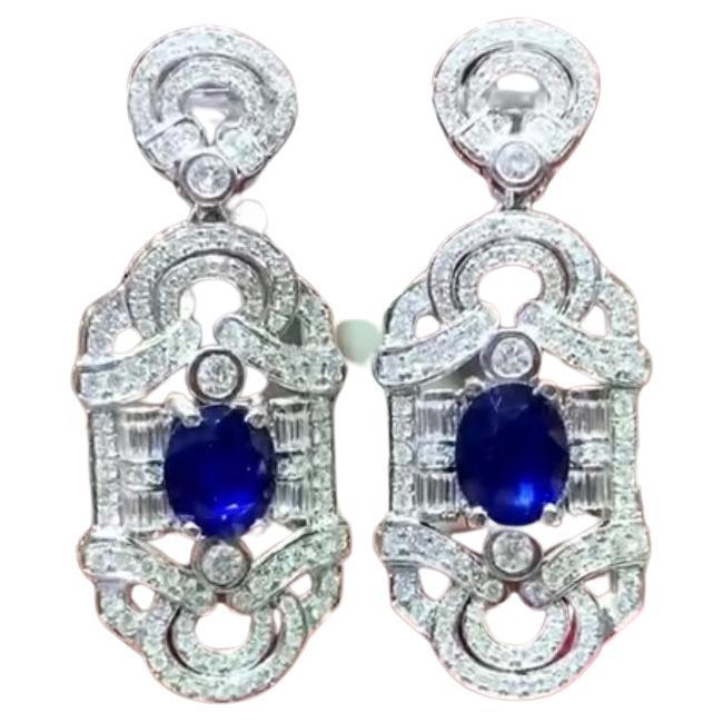 AIG Certified 6.70 Ct Royal Blue Sapphires  3.50 Ct Diamonds  18K Gold Earrings