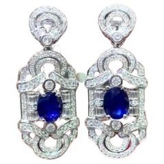 AIG Certified 6.70 Ct Royal Blue Sapphires  3.50 Ct Diamonds  18K Gold Earrings