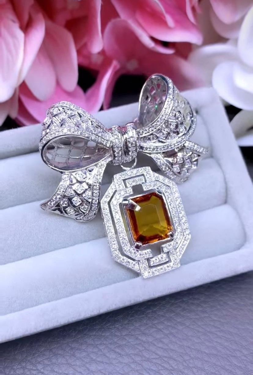 Emerald Cut AIG Certified 6.70 Orange Sapphire  2.20 Ct Diamonds 18K Gold  Brooch/Pendant For Sale
