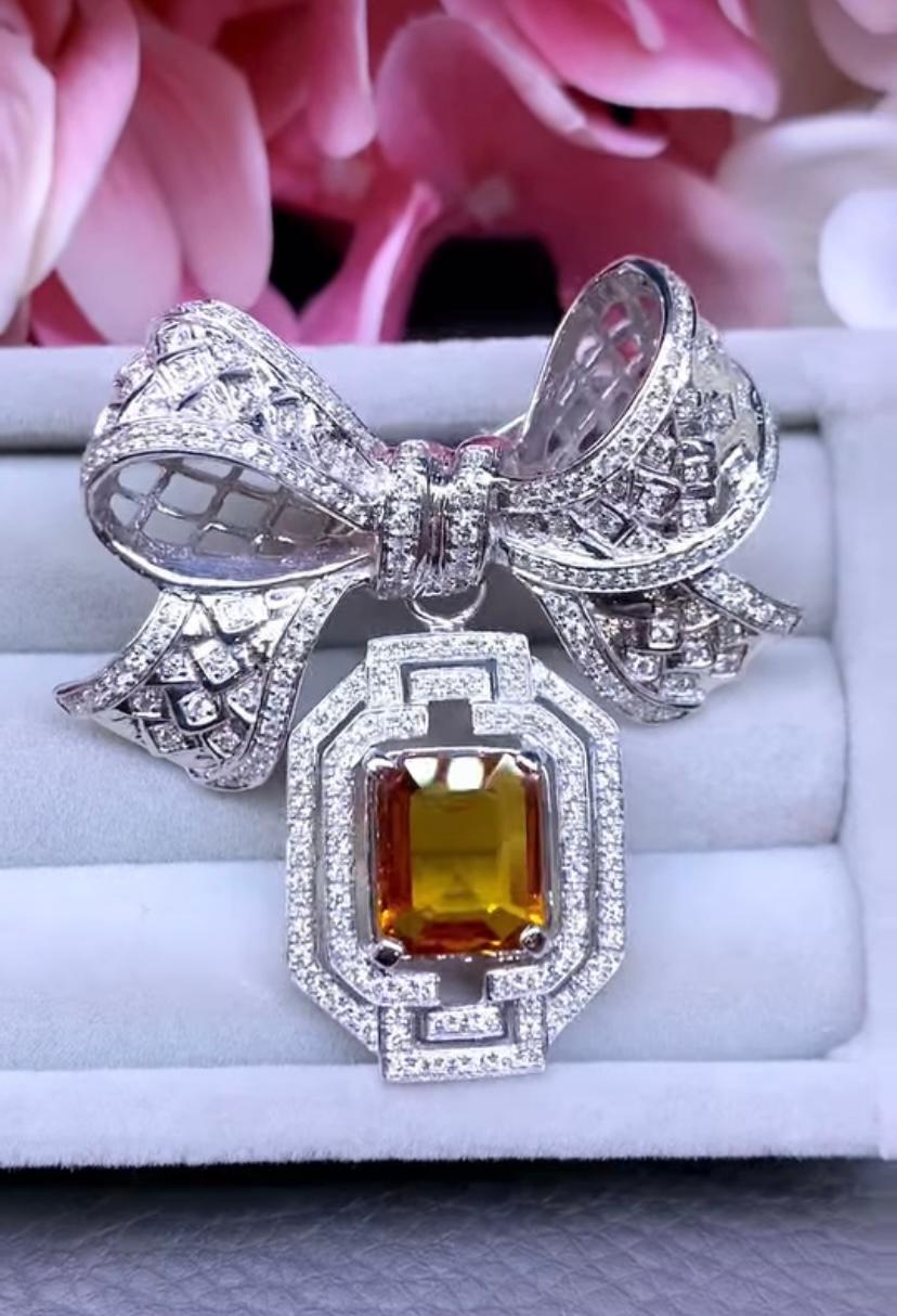Women's AIG Certified 6.70 Orange Sapphire  2.20 Ct Diamonds 18K Gold  Brooch/Pendant For Sale