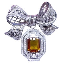 AIG Certified 6.70 Orange Sapphire  2.20 Ct Diamonds 18K Gold  Brooch/Pendant