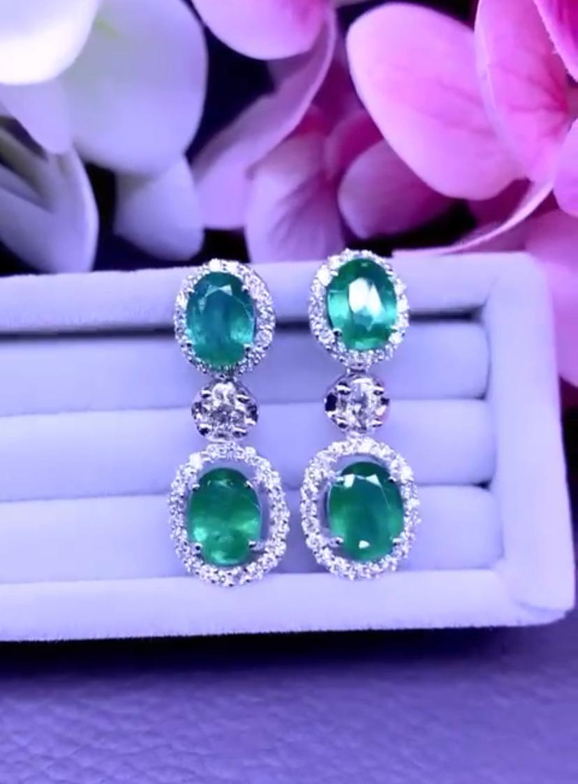 Women's AIG Certified 6.80 Ct Zambia Emeralds Diamonds 1.37 Ct 18K Gold Earrings  For Sale