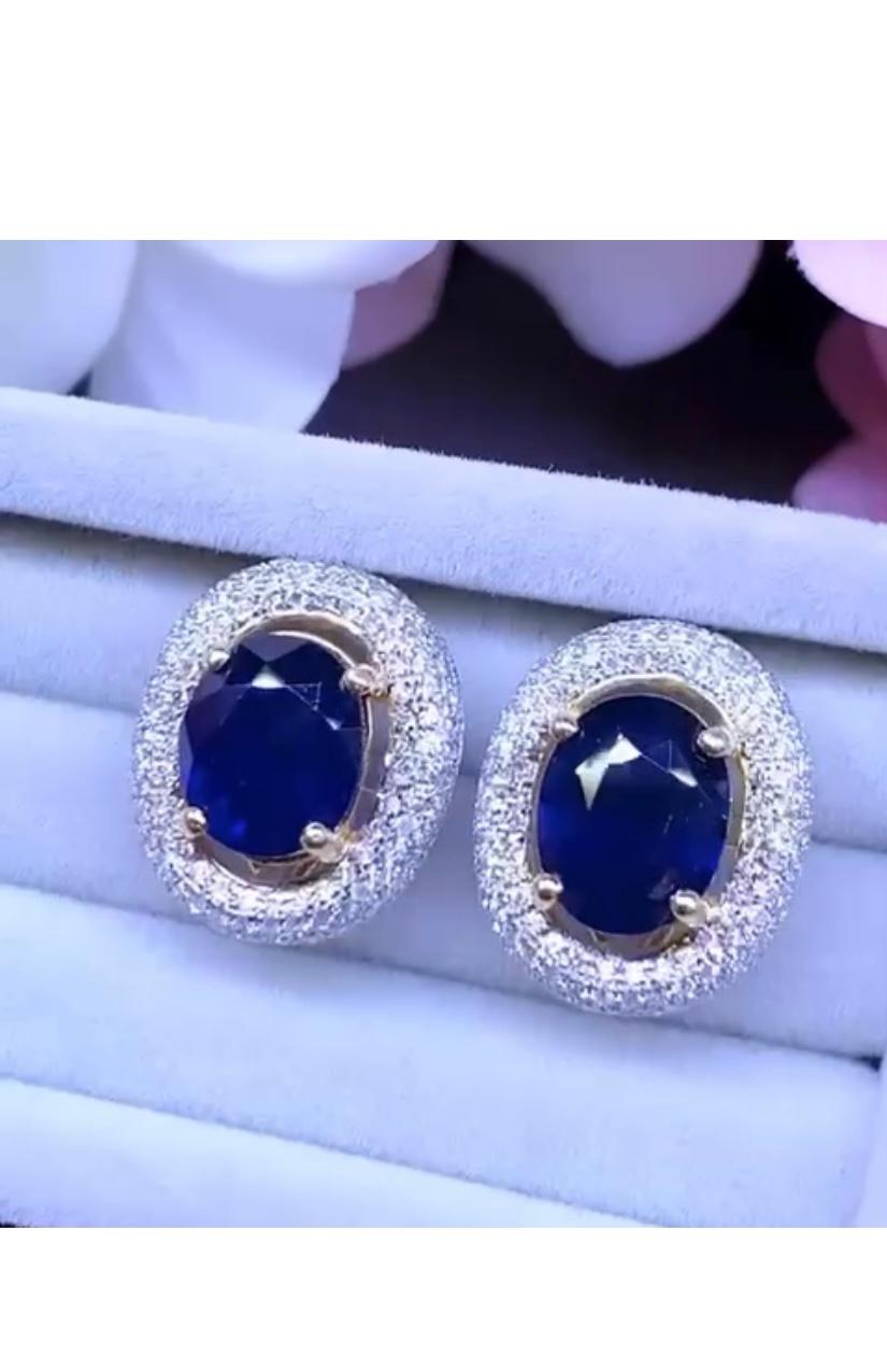 Oval Cut AIG Certified 6.85 Ct  Blue Ceylon Sapphires  Diamonds 18K Gold Earrings  For Sale